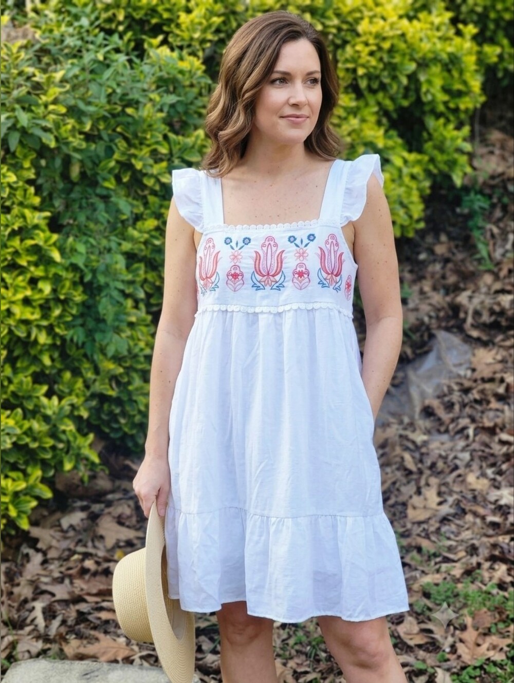 NWT Blu Pepper White Embroidered Boho Square Neck Ruffle Midi Dress Medium